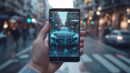 AR Car in City: A person's hand holds a tablet displaying an augmented reality (AR) car overlayed on a city street, blending technology with urban life, signifying the future of mobility.