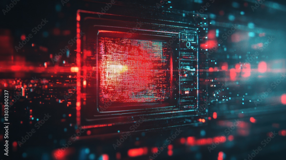 Poster futuristic digital screen displaying red data stream.
