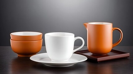 Elegant Minimalist Tableware Arrangement with White and Orange Ceramic Cups and Bowls on Dark Background