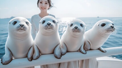 Obraz premium Four adorable newborn seals look back at a caring woman on a yacht, highlighting the beauty of nature's bond with sea creatures in a serene ocean setting
