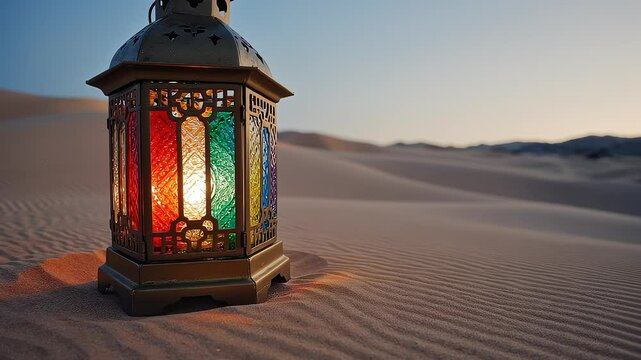 Glowing Islamic Lantern in Desert