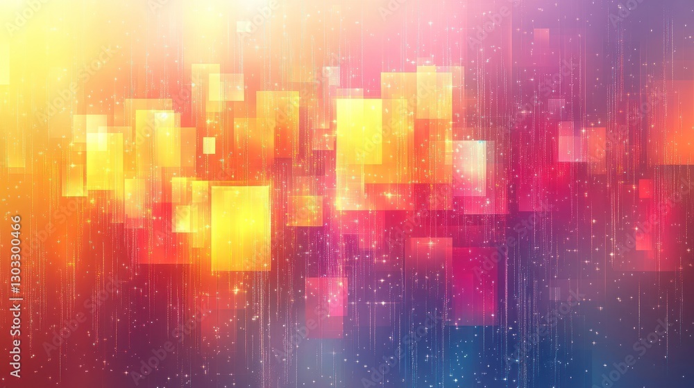 Poster abstract colorful background with glowing squares and particles.