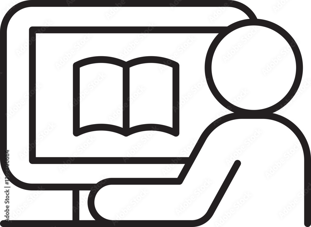Poster person using computer to read a book line icon