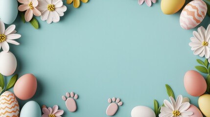 Pastel Easter Eggs and Flowers Border on Light Blue Background
