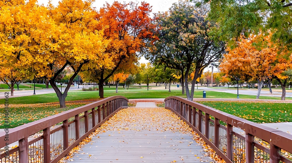 Poster serene autumn scene with colorful trees and wooden bridge in a park setting