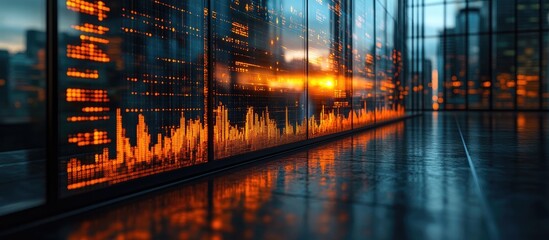 Modern city building interior, illuminated by sunset through glass wall, reflecting data patterns on the wall, creating a vibrant and dynamic scene