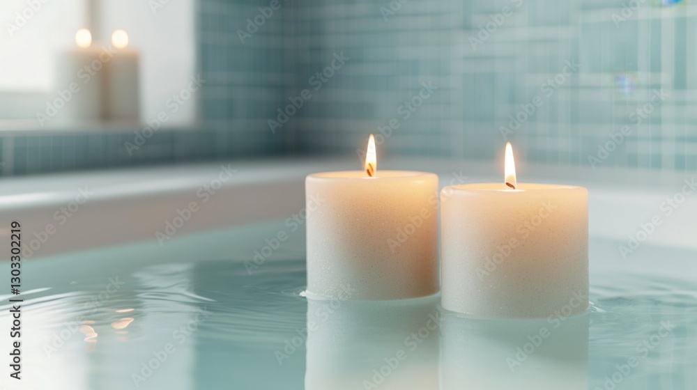 Poster two lit candles float serenely in a tranquil bath, creating a calming atmosphere with soft reflectio