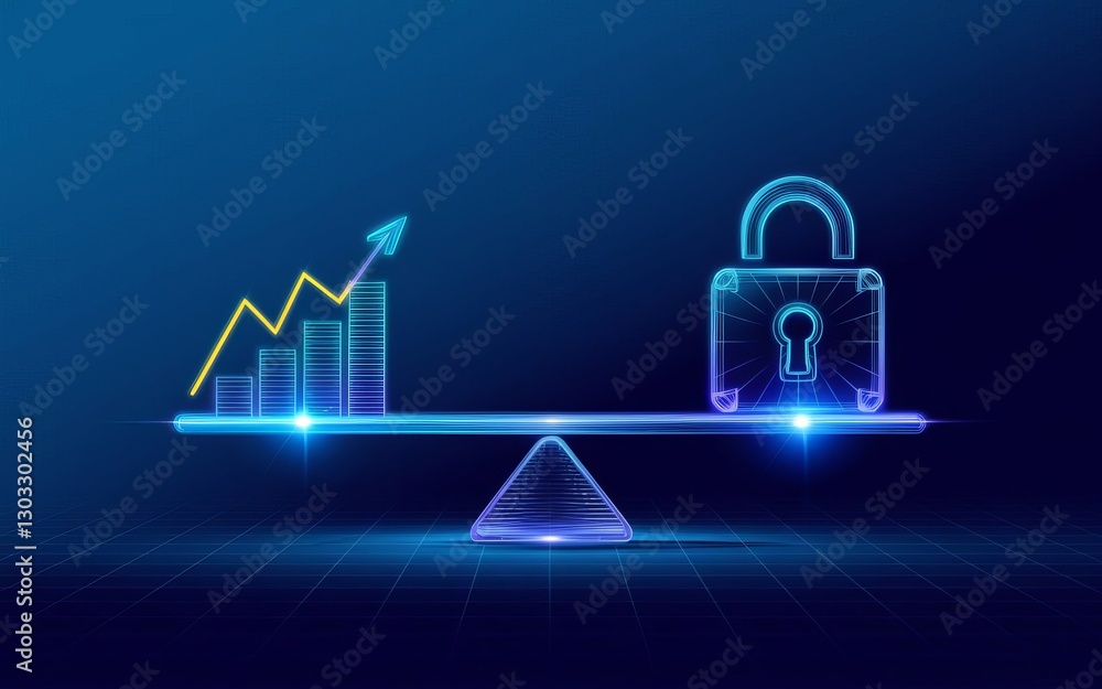 Poster security vs. growth balance: a digitally rendered image showcases a scale with a padlock balancing a