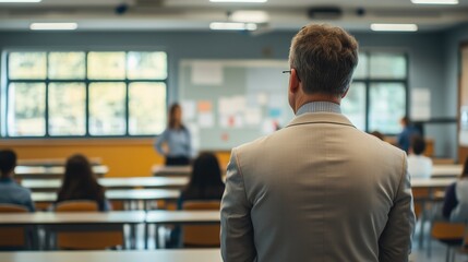 A school administrator observing a classroom, action shot, in an educational setting, using dynamic angles, with natural light