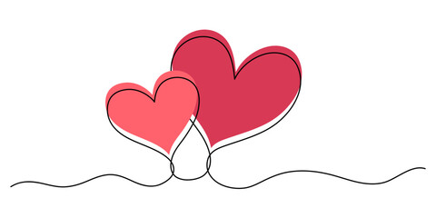 Two intertwined hearts in a continuous line drawing. Simple line art of two overlapping hearts for Valentine's Day.