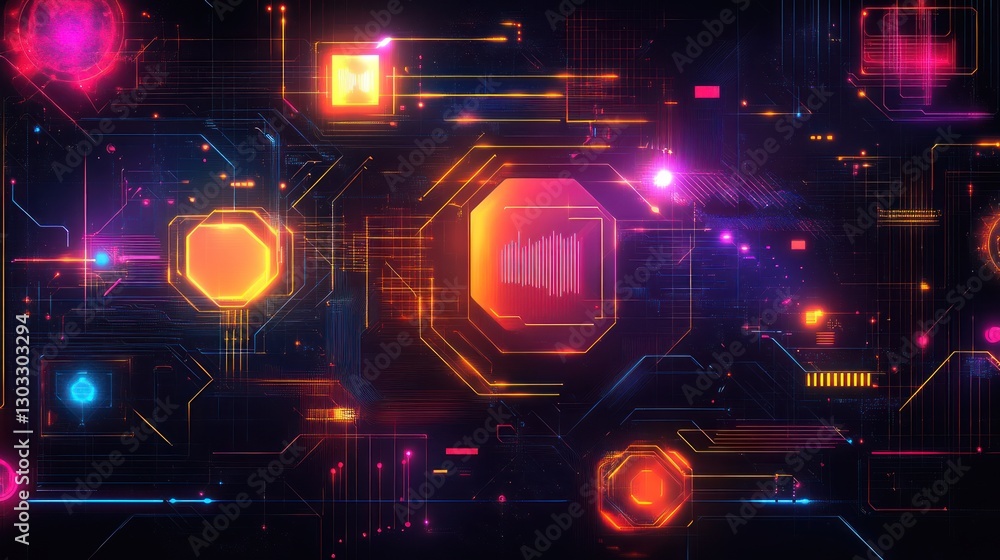 Poster abstract digital circuit board with glowing neon elements.