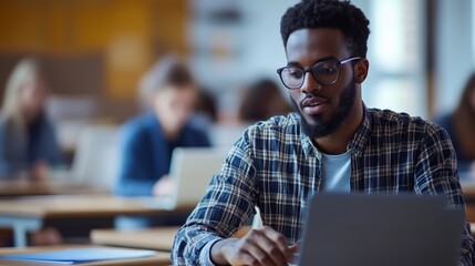 Obraz premium A tutor using technology to enhance learning, action shot, in a modern classroom, employing engaging angles