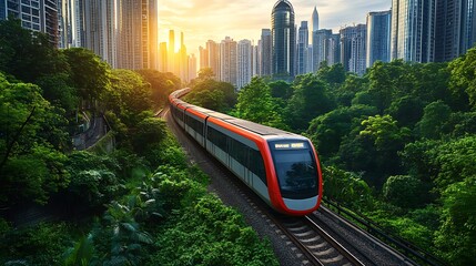 Naklejka premium Urban Train Through Lush Cityscape Sunset