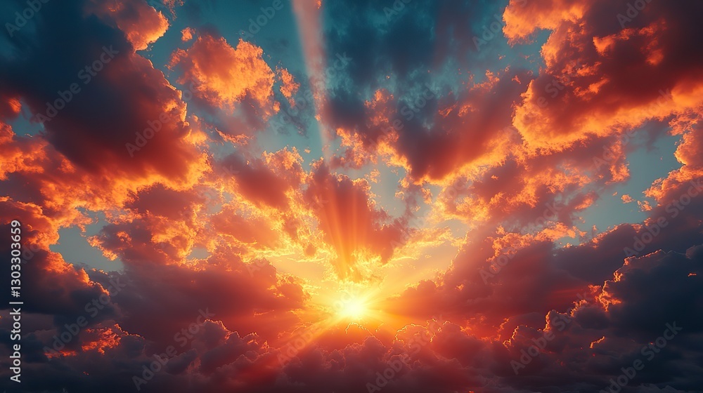 Poster presence of the savior sunset sky background with clouds and rays of light