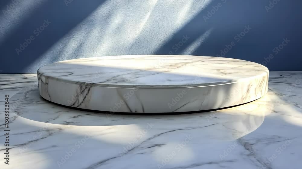 Poster elegant marble display platform on a reflective surface in a modern, minimalist setting