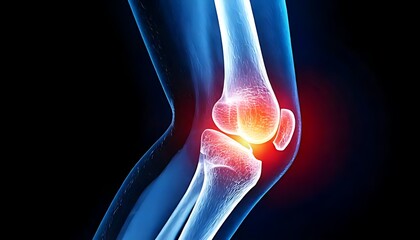 A detailed illustration of a knee joint highlighting inflammation, showcasing anatomy and potential discomfort in the area.