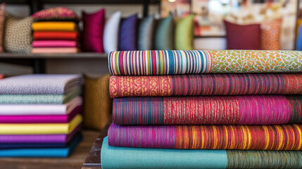 A stack of colorful fabric rolls displaying various patterns is featured prominently in a textile shop, surrounded by additional fabric displays