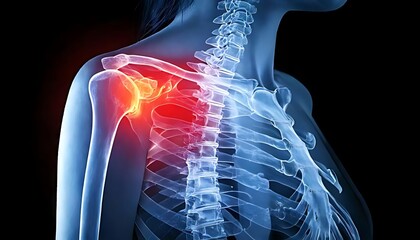 An X-ray image depicting a human shoulder with highlighted inflammation, showcasing the skeletal structure and the affected area.
