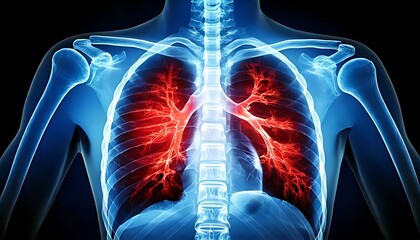 A vivid illustration of human lungs, showcasing their intricate structure and vibrant colors against a dark background.