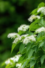 A bunch of white flowers are growing on a green bush. The flowers are small and clustered together, creating a sense of abundance and beauty
