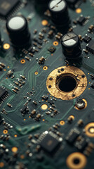 Fototapeta premium Closeup of broken computer hardware showing damaged motherboard and components Symbolizing repair maintenance technology issues digital decay obsolescence and the need for troubleshooting and upgrade