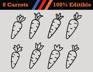 Fototapeta premium 8 Carrot Line Icons set of carrot outline coloring book page line art vector illustration