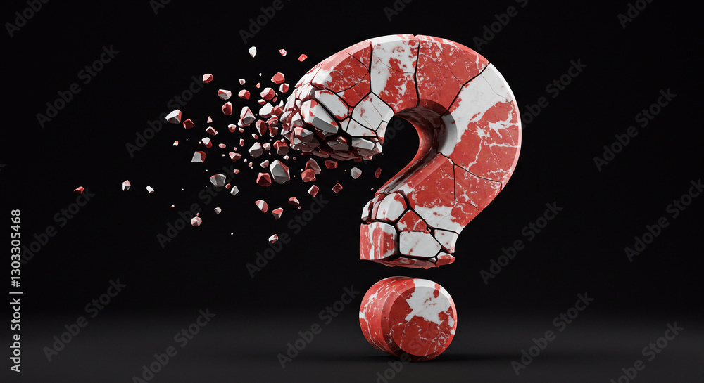 Wall mural digital 3d question mark made of crumbling red and white stone on a black background - generative ai