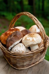A basket full of mushrooms with a variety of colors and sizes. The basket is placed on a wooden table