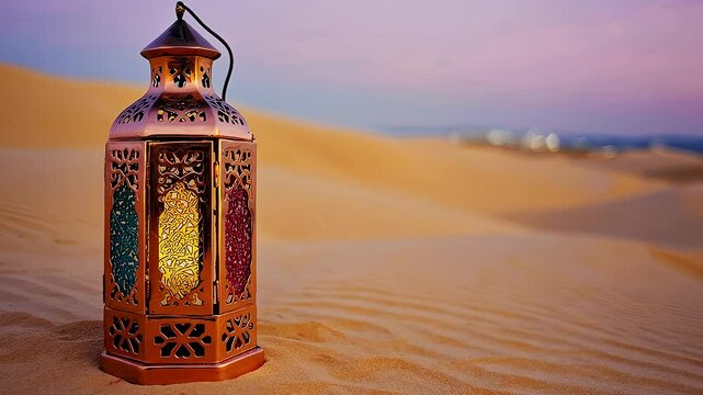 Glowing Islamic Lantern in Desert