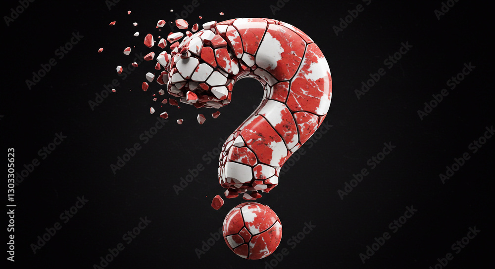 Sticker digital 3d question mark made of crumbling red and white stone on a black background - generative ai