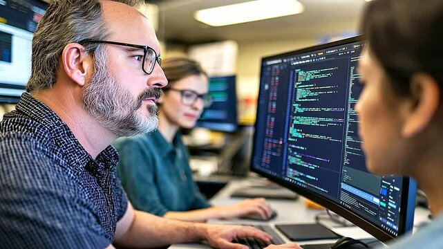 Team of developers working on e-commerce software in a contemporary office setting.