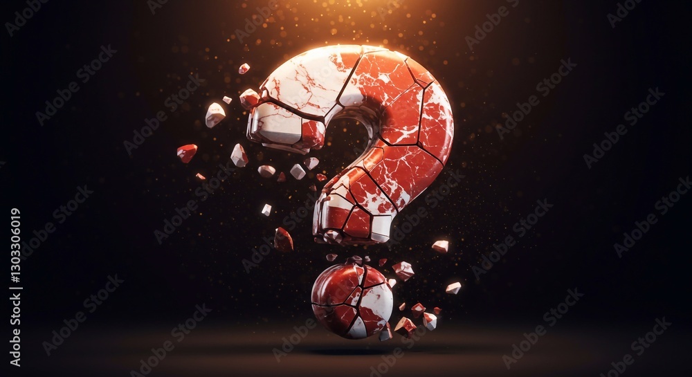 Wall mural digital 3d question mark made of crumbling red and white stone on a black background with backlighti