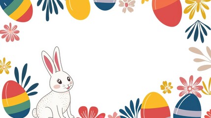 White Rabbit with Colorful Easter Eggs and Flowers Pixel Art Illustration
