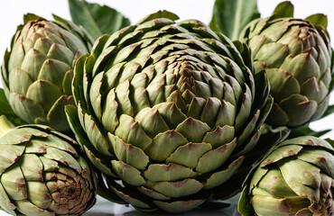 Fototapeta premium fresh green artichokes on a white background, highlighting their natural texture and layered leaves