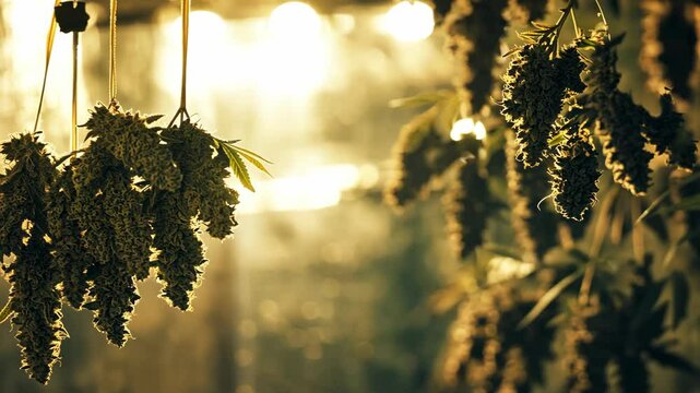 Hanging cannabis buds drying in a warm light environment for optimal curing and preparation