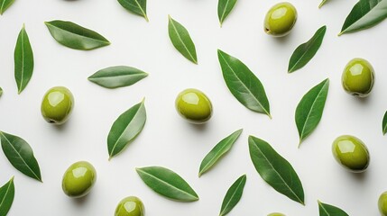 Green olives and leaves pattern on white background.