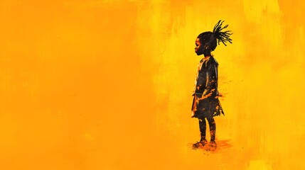 African American girl in warm color watercolor illustration with graphic elements on orange vertical stripe background
