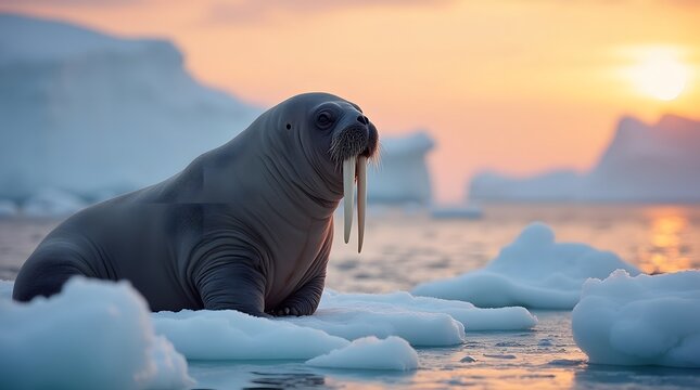 Morgeh on an ice floe in the snow in the evening. Sunset among icebergs and walrus lying on an ice floe.