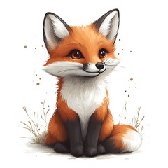 Obraz premium Cute Fox Sitting, White Background, Animal Art