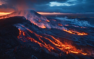 Obraz premium Lava flows and smoke rise from an active volcano during sunset in a dramatic landscape