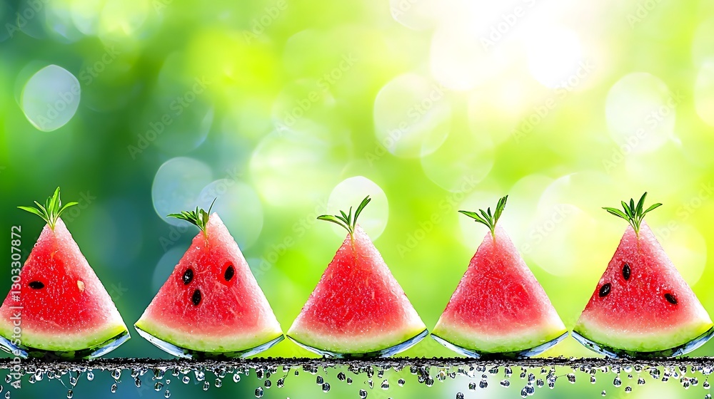 Poster fresh watermelon slices on wooden table with dew drops and soft green background in summer