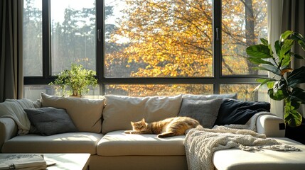 Obraz premium Autumn cat naps on a couch by a large window