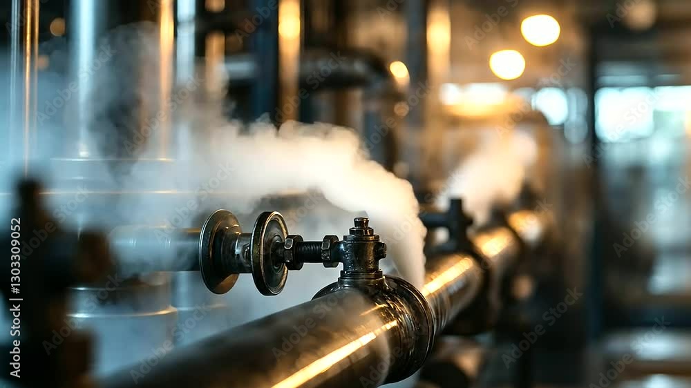 Poster steam-covered heat exchangers framed by an array of pipes and valves, illustrating the dynamic proce