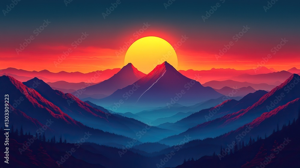 Poster silhouette of an arrow in the middle of a mountain landscape triangle connecting two mountain peaks 
