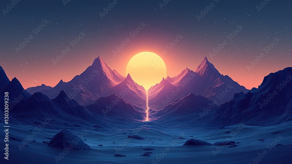 Poster silhouette of an arrow in the middle of a mountain landscape triangle connecting two mountain peaks 