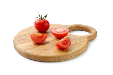 Cutting board with tomatoes isolated on white