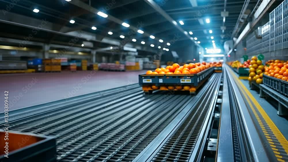Poster vibrant fruit crates being transferred via conveyor into the cargo hold, showcasing precise handling