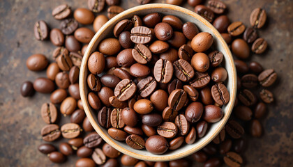 Fototapeta premium Ceramic bowl filled with coffee beans, rustic style and texture