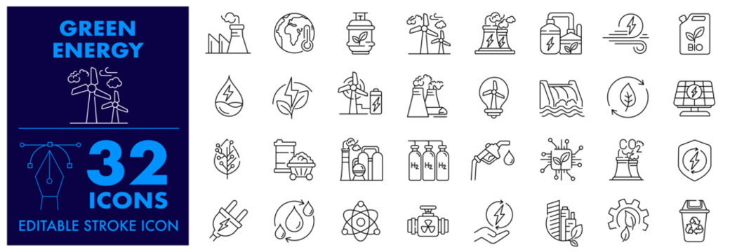 Green Energy icon Set, Ecology, renewable energy, Windmill, Solar, Green Factory, Energy management, recycling, Bio gas, Climate Stability, water Energy, Green Chip and more Editable Stroke Icons set