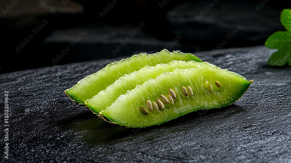Poster fresh slices of green cucumber on dark stone surface with unique texture and detail
